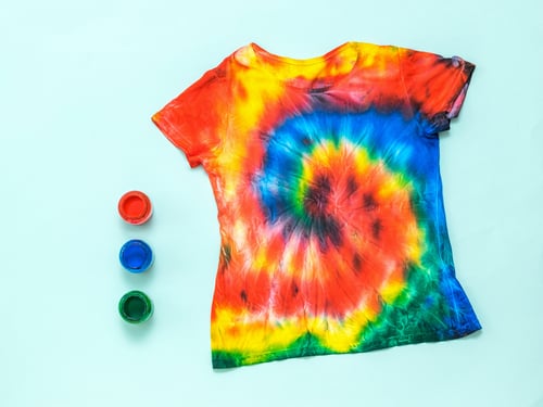 Rainbow tie dye t-shirt in experimental grid fold pattern