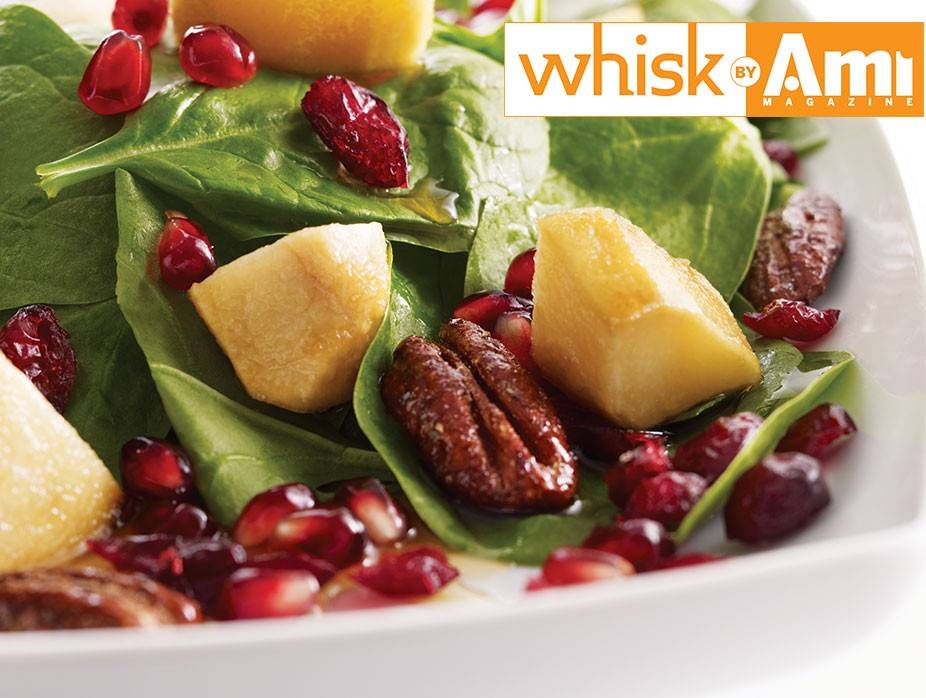 Caramelize​d Pear Spinach Salad with Pomegranates, Pecans, and Craisins 