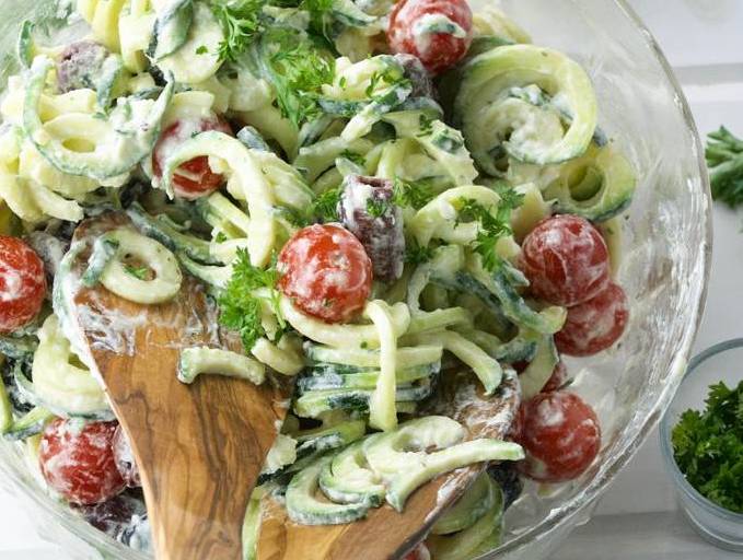Creamy Goat Cheese Greek Zoodle Salad