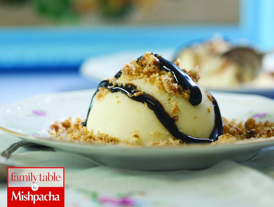 Vanilla Ice Cream with Chocolate Syrup and Crumbs