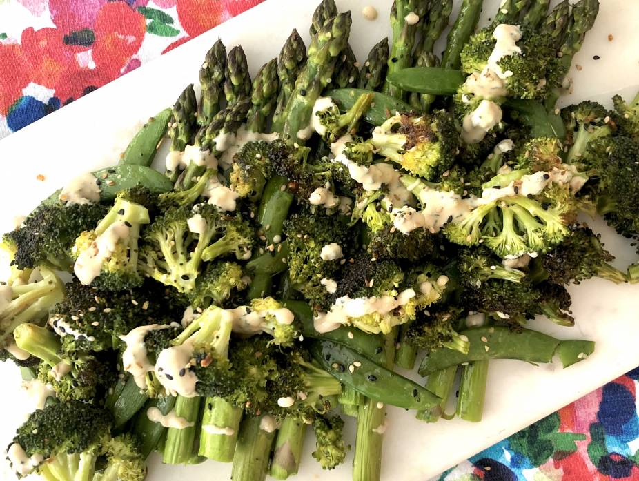 Roasted Green Vegetables with Tahini Miso Sauce