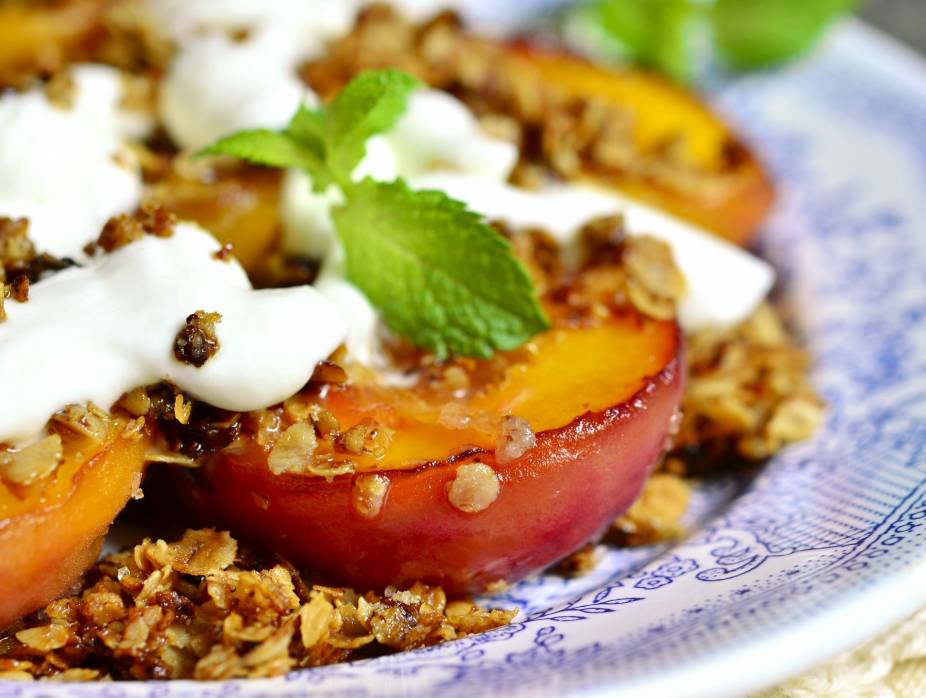 Grilled Fruit with Whipped Cream and Streusel Topping