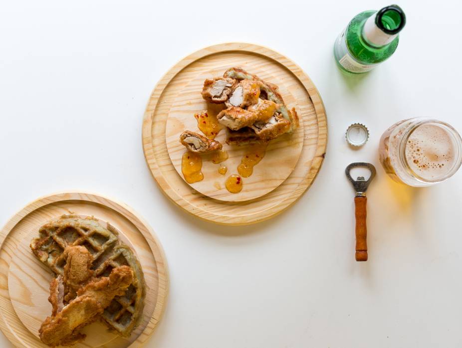 Potato Waffles and Beer-Battered Chicken Strips with Truffle Garlic Aioli