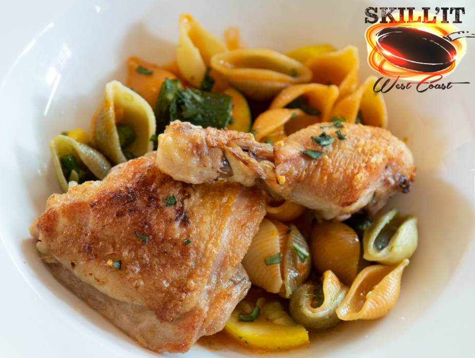 Chef Nir’s Pasta with Braised Chicken, Roasted Asparagus, and Zucchini