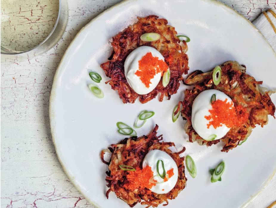 Latkes with Sour Cream, Green Onions, and Masago