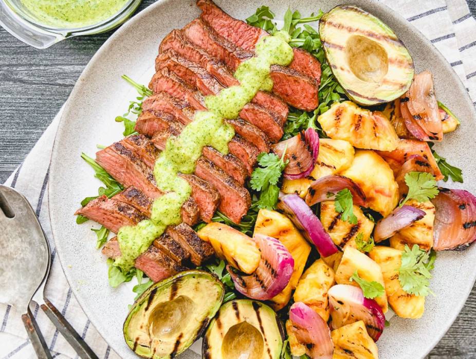 Steak with Grilled Pineapple Avocado Salad