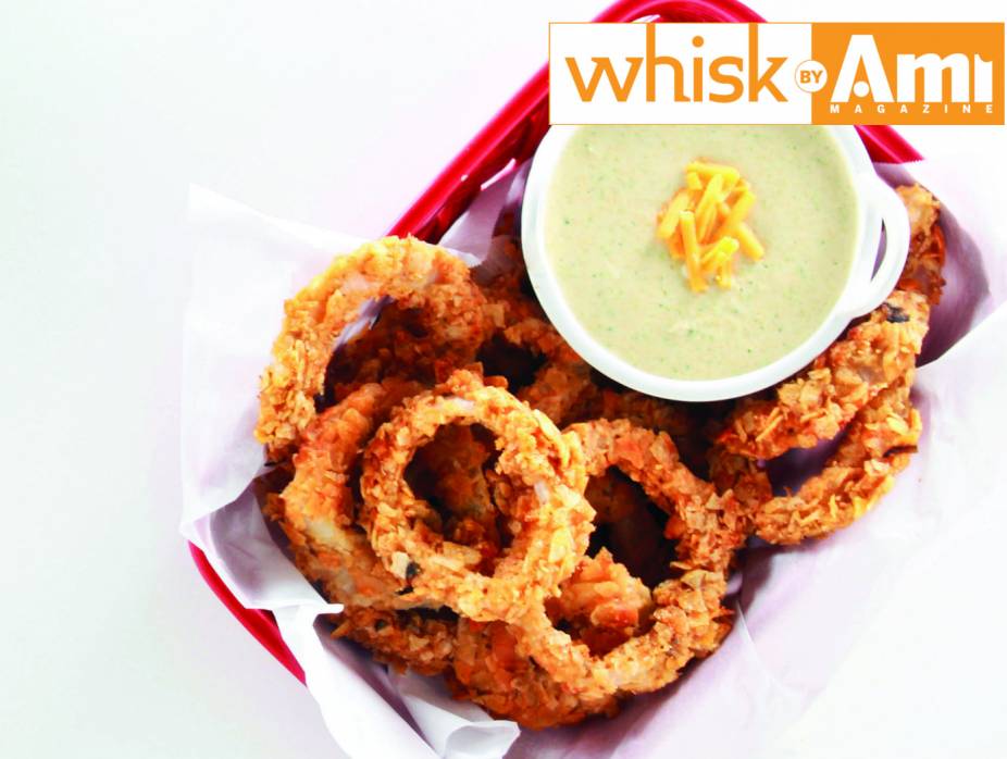 Oven-Fried Onion Rings with Broccoli Cheddar Dip