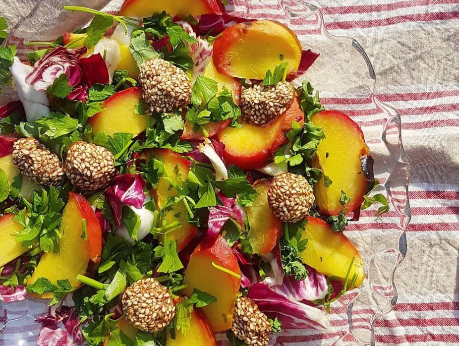 Bitter Radicchio and Peach Salad with Sesame Clusters