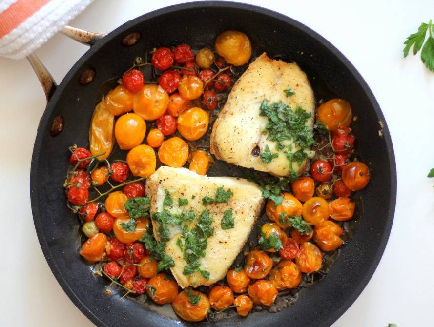 Slow Roasted Halibut with Burst Tomatoes and Gremolata