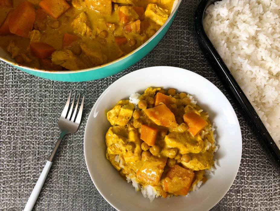 Chicken Curry with Sweet Potatoes + Chickpeas and Easy Oven Rice 