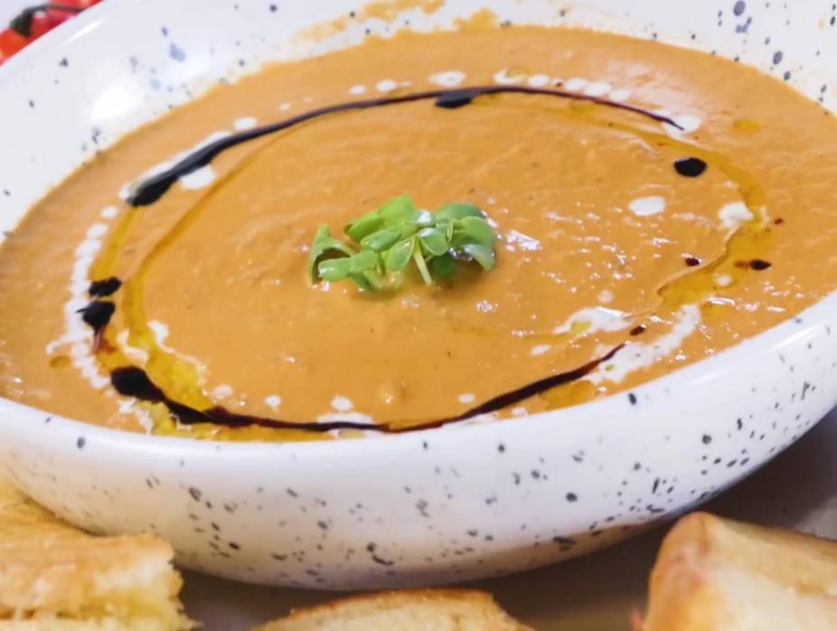 Roasted Tomato Soup with Sauteed Onion Grilled Cheese