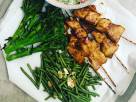 Miso Sea Bass Skewers with Coconut Rice, Broccolini, and Garlic String Beans