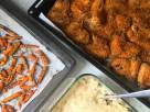 Shortcut Breaded Wings with Oven Mashed Potatoes and Roasted Baby Carrots