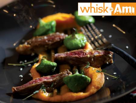 Korean Marinated Hanger Steak with Sweet Potato Purée and Roasted Pattypan Squash