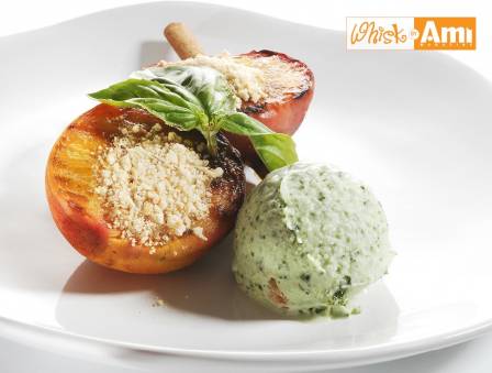 Balsamic Grilled Peaches with Basil Pistachio Ice Cream on Cinnamon Skewers