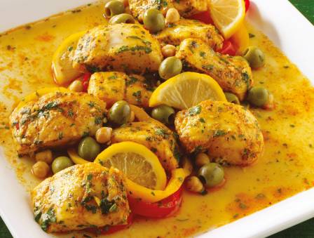 Marrakech Fish Tagine with Olives and Chickpeas (Tagine del Hoot bil Hemsch ul Zitoun)