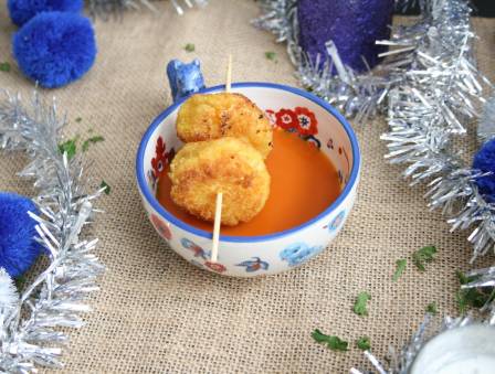 Cheddar-Stuffed Latke Balls and Tomato Soup