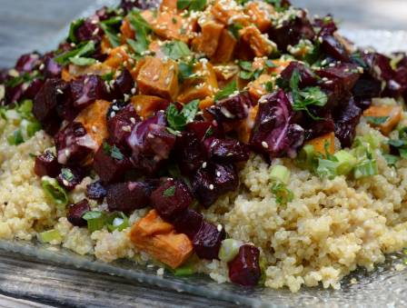 Quinoa Salad with Roasted Sweets and Beets and Tahini Silan Dressing