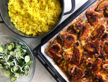 Lazy Chicken Wings with Yellow Rice & Cucumber Salad