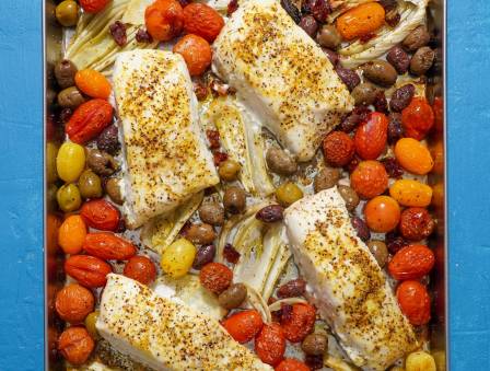 Mediterranean-Style Halibut with Tomatoes, Olives, and Fennel