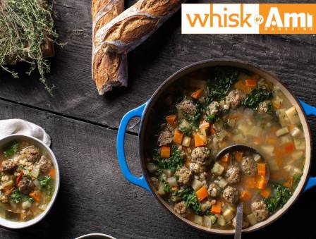 Hearty Farro Vegetable Soup with Meatballs and Kale