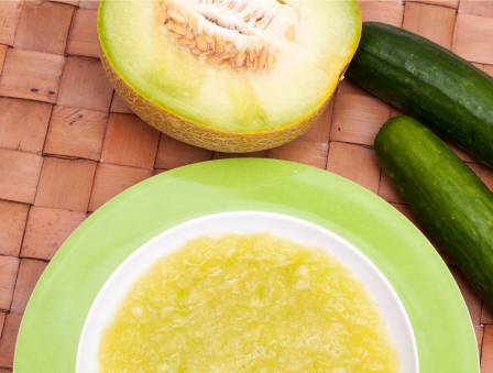 Melon Avocado Soup with Cucumber Mint Salsa