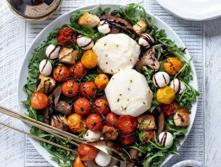 Roasted Tomato Caprese Salad with Sourdough Croutons 