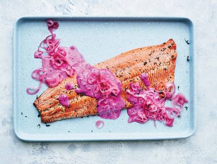 Roasted Salmon with Horseradish Sauce &  Pickled  Onions