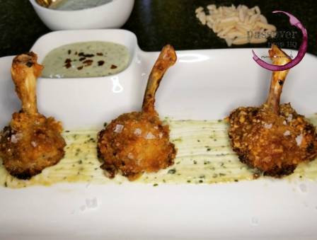 Sugar Almond Crusted Chicken Lollipops with Garlic and Parsley Dip