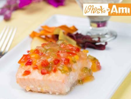 Tropical Salmon with Sweet Vegetable Letcho and Eggplant Dip