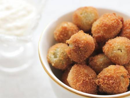 Deep Fried Olives with Lemon Garlic Dipping Sauce