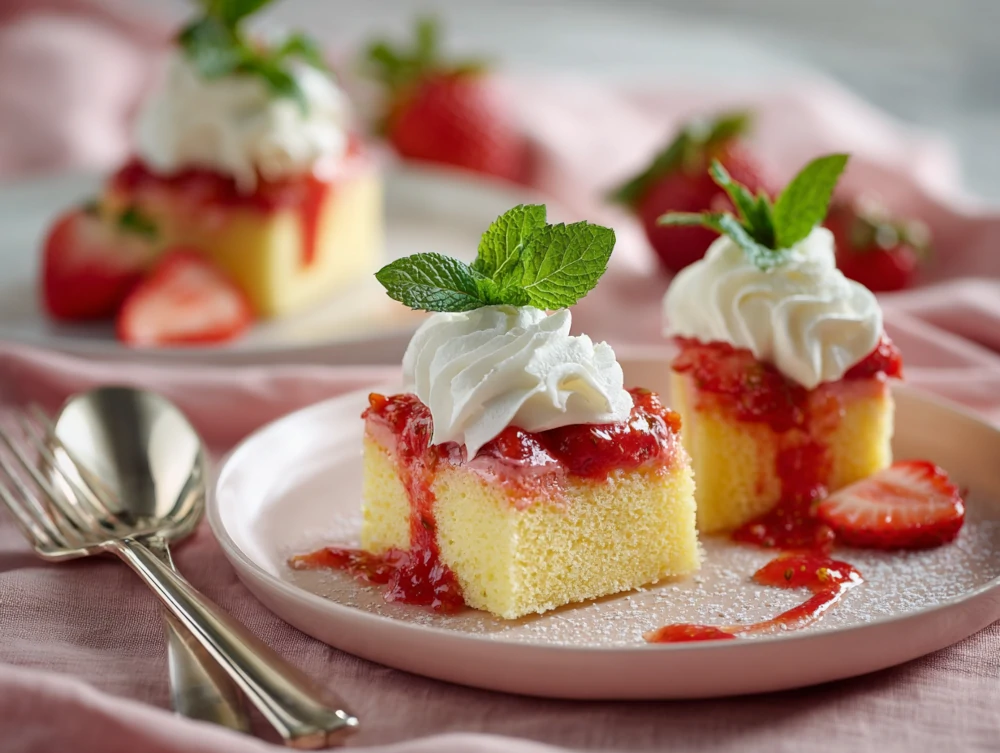 Soft Lemon Cake with Strawberry Rhubarb Drizzle
