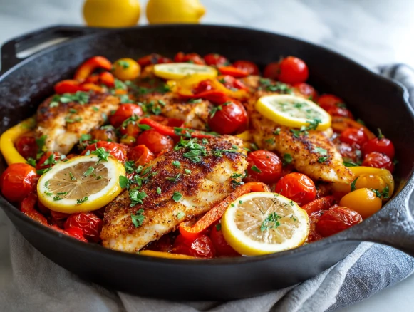 Tilapia on a Bed of Tomatoes and Peppers