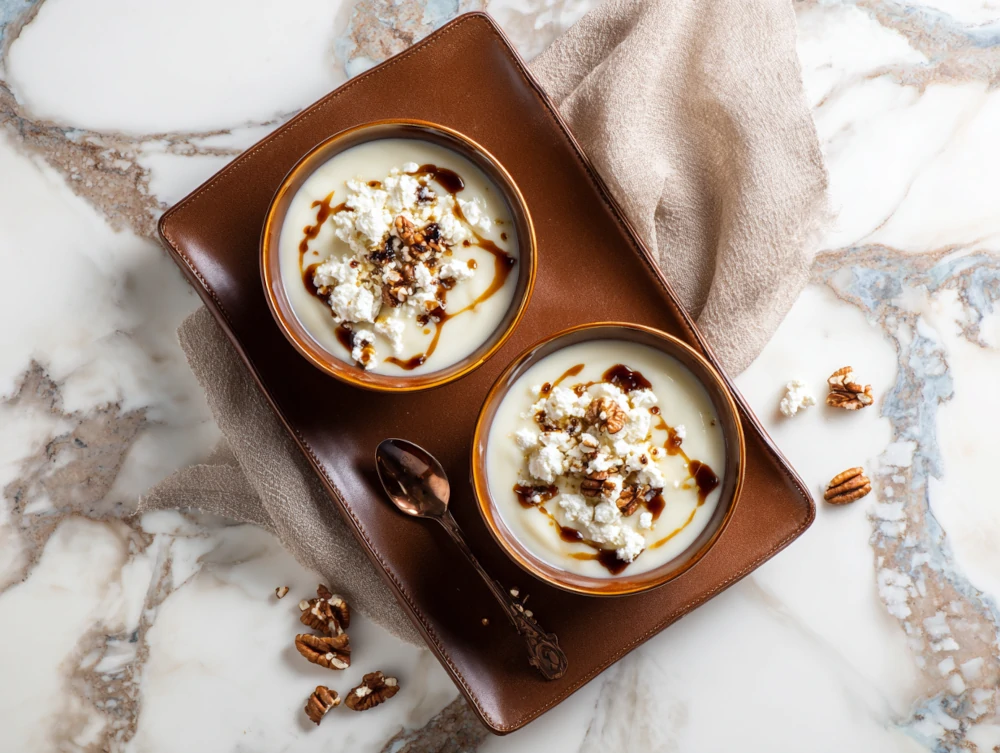 Pear Soup with Feta, Pecans and Balsamic Reduction