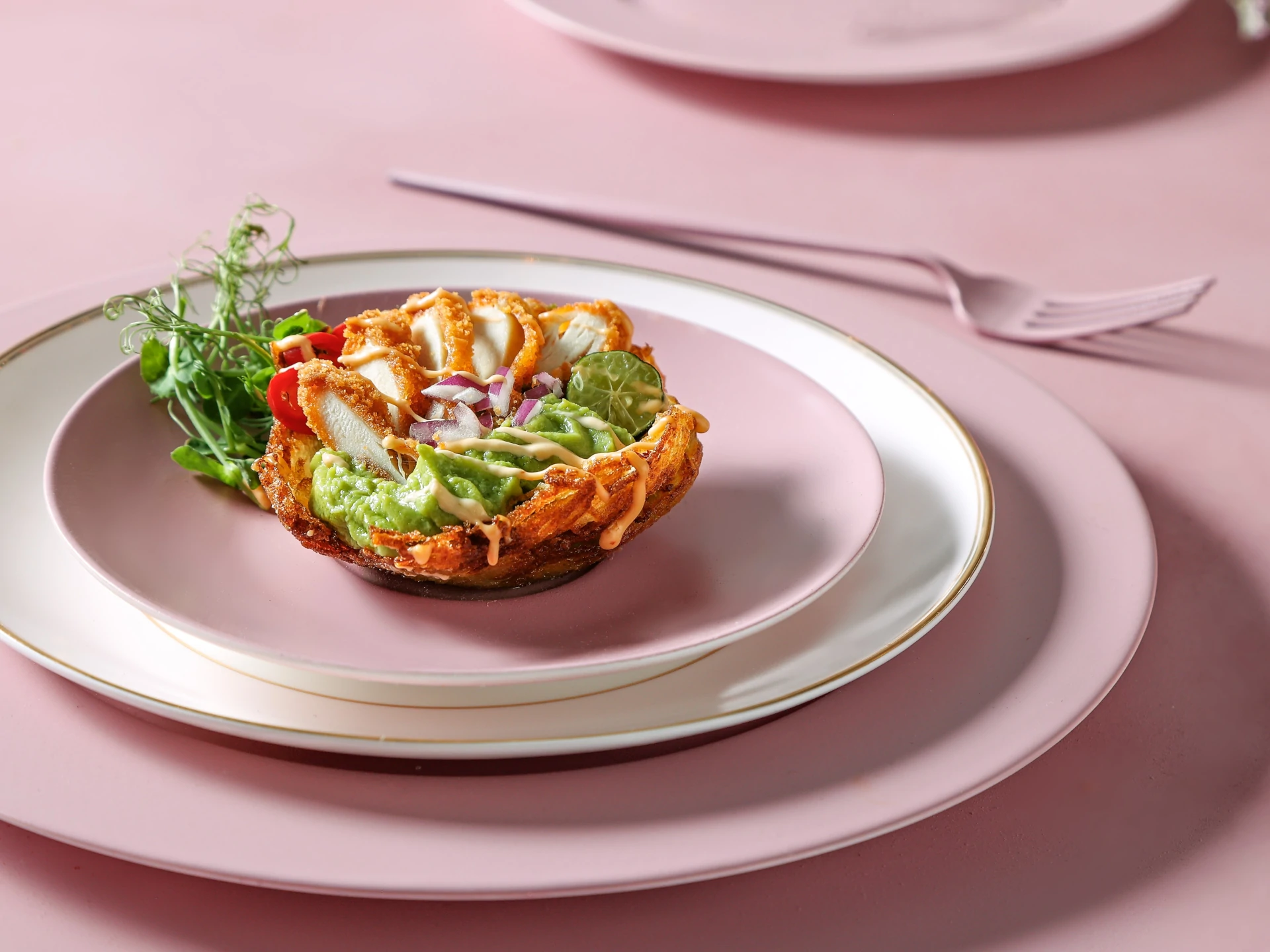 Guacamole Potato Nests with Crispy Chicken Strips