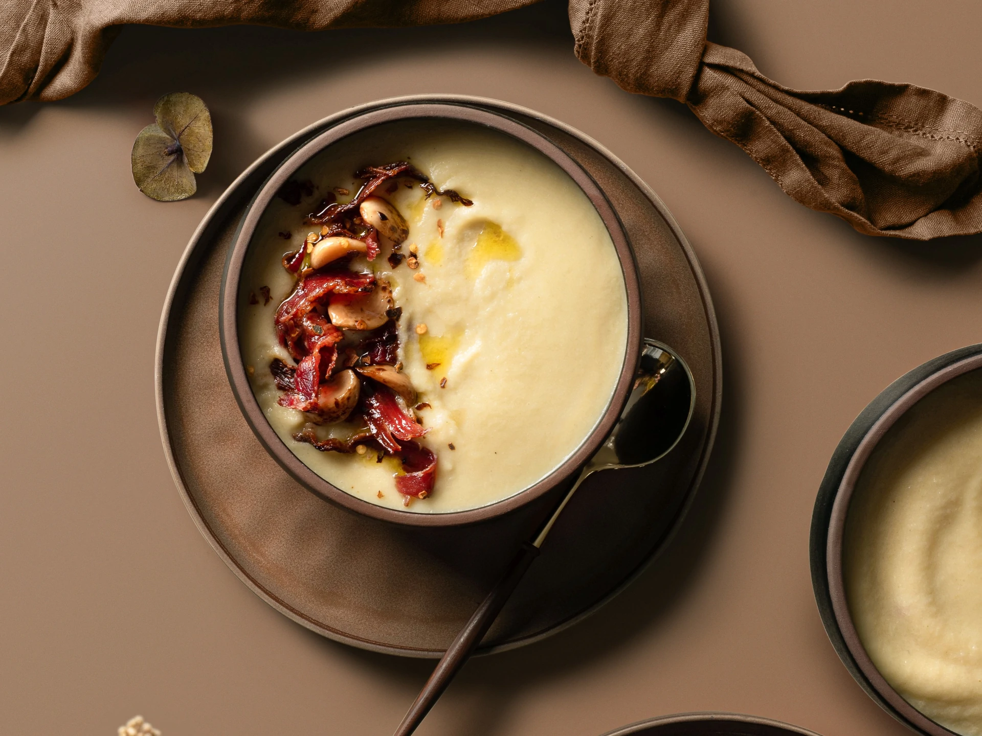 Velvety Cauliflower Soup with Facon and Roasted Garlic