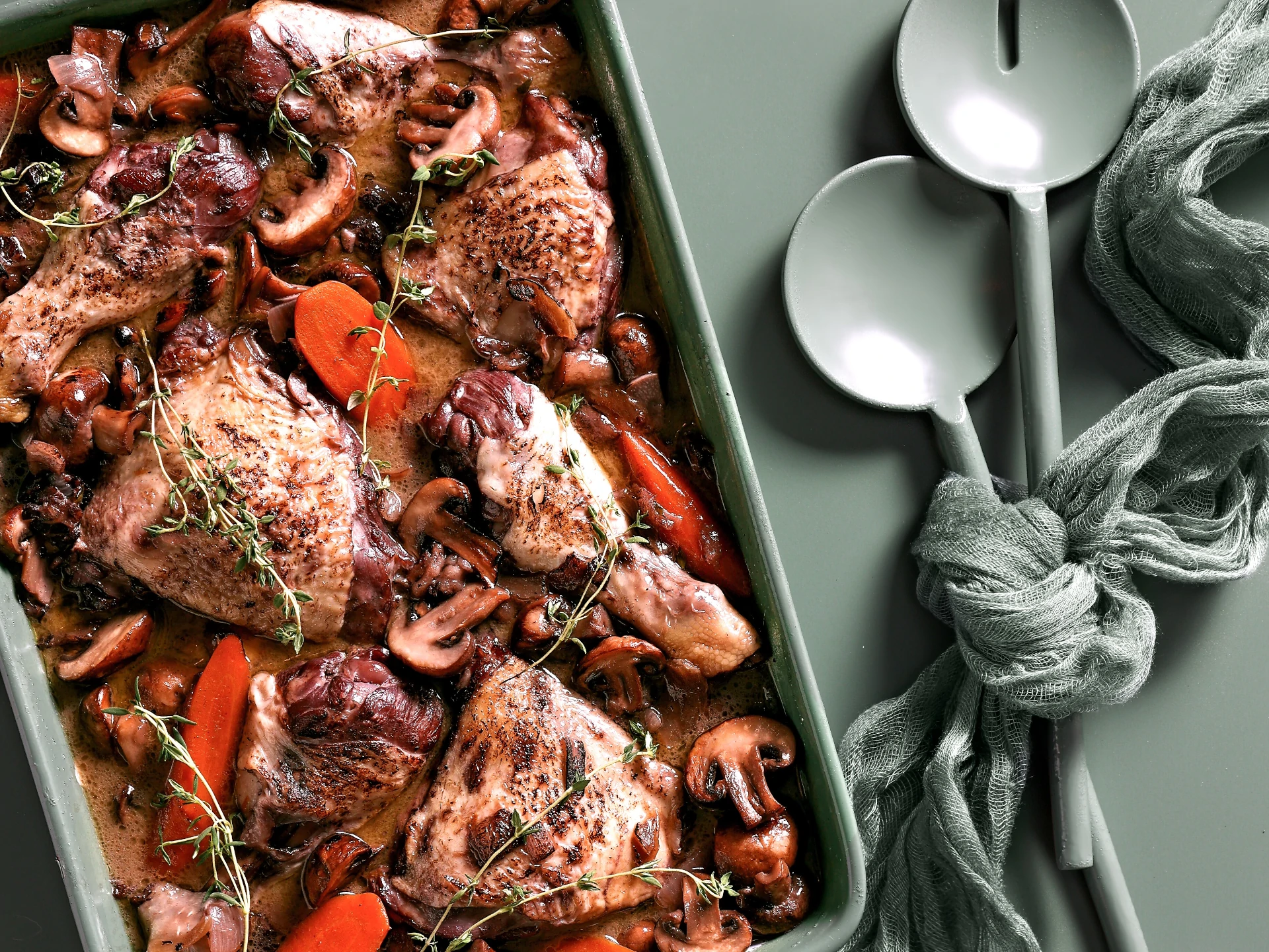 Coq au Vin with Beef Fry and Mushrooms