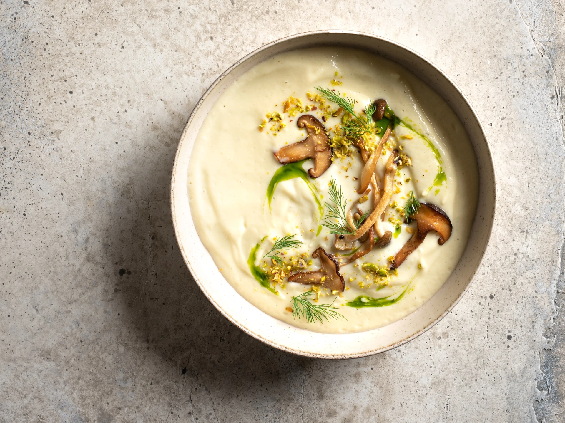 Roasted Cauliflower Soup with Mushrooms and Basil Oil