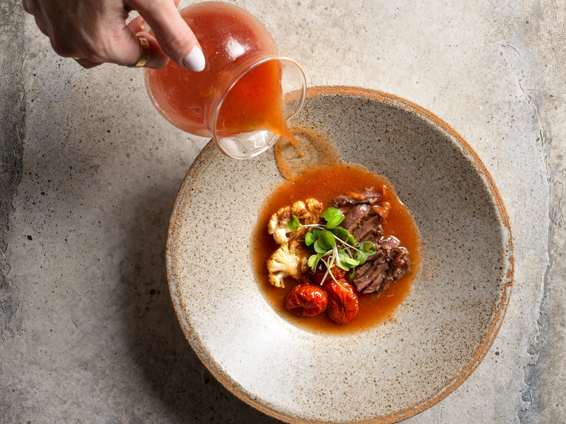 Tomato-Chicken Broth with Pulled Short Ribs and Roasted Vegetables
