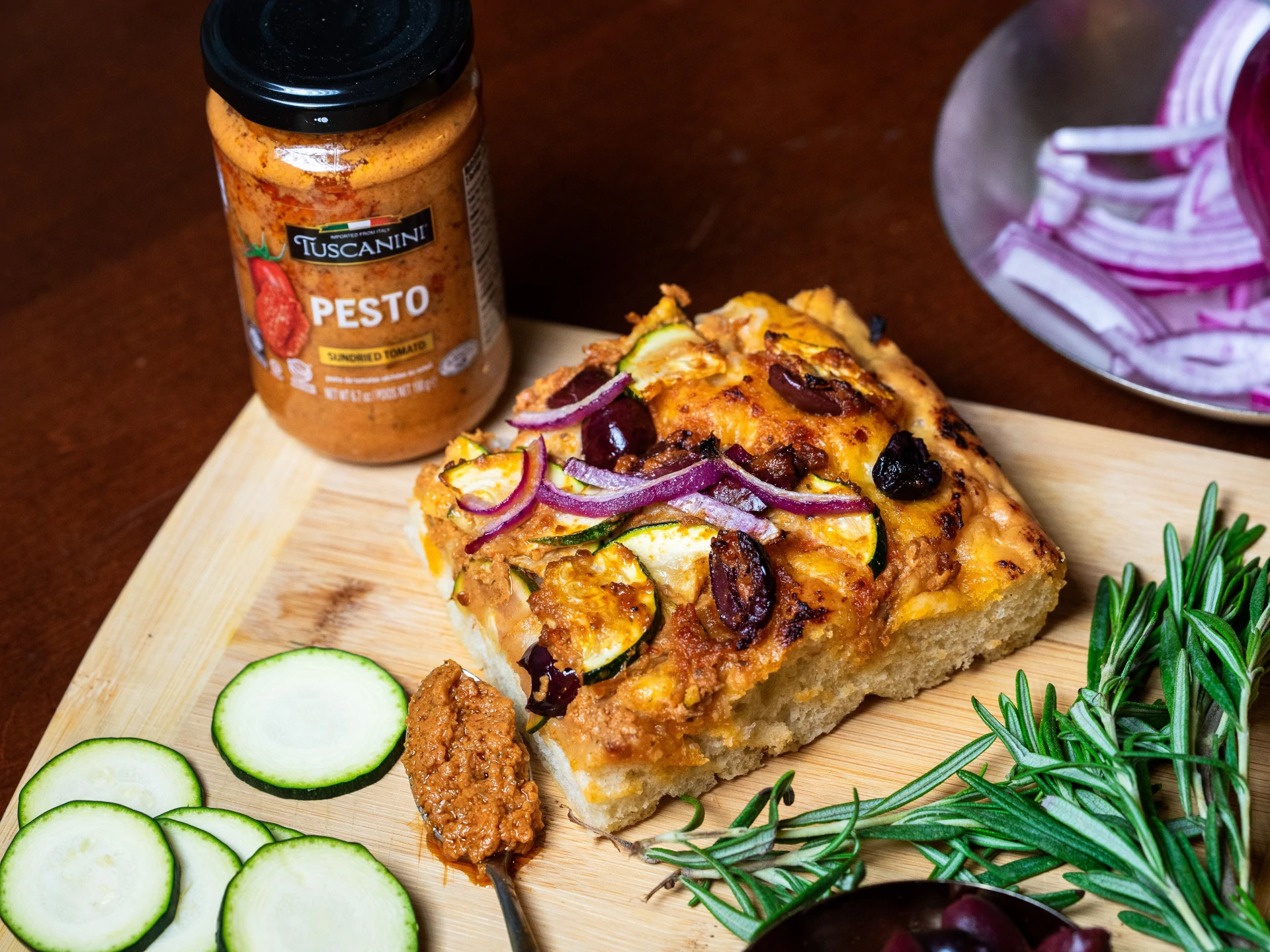 Flatbread with Red Pesto, Zucchini and Olives
