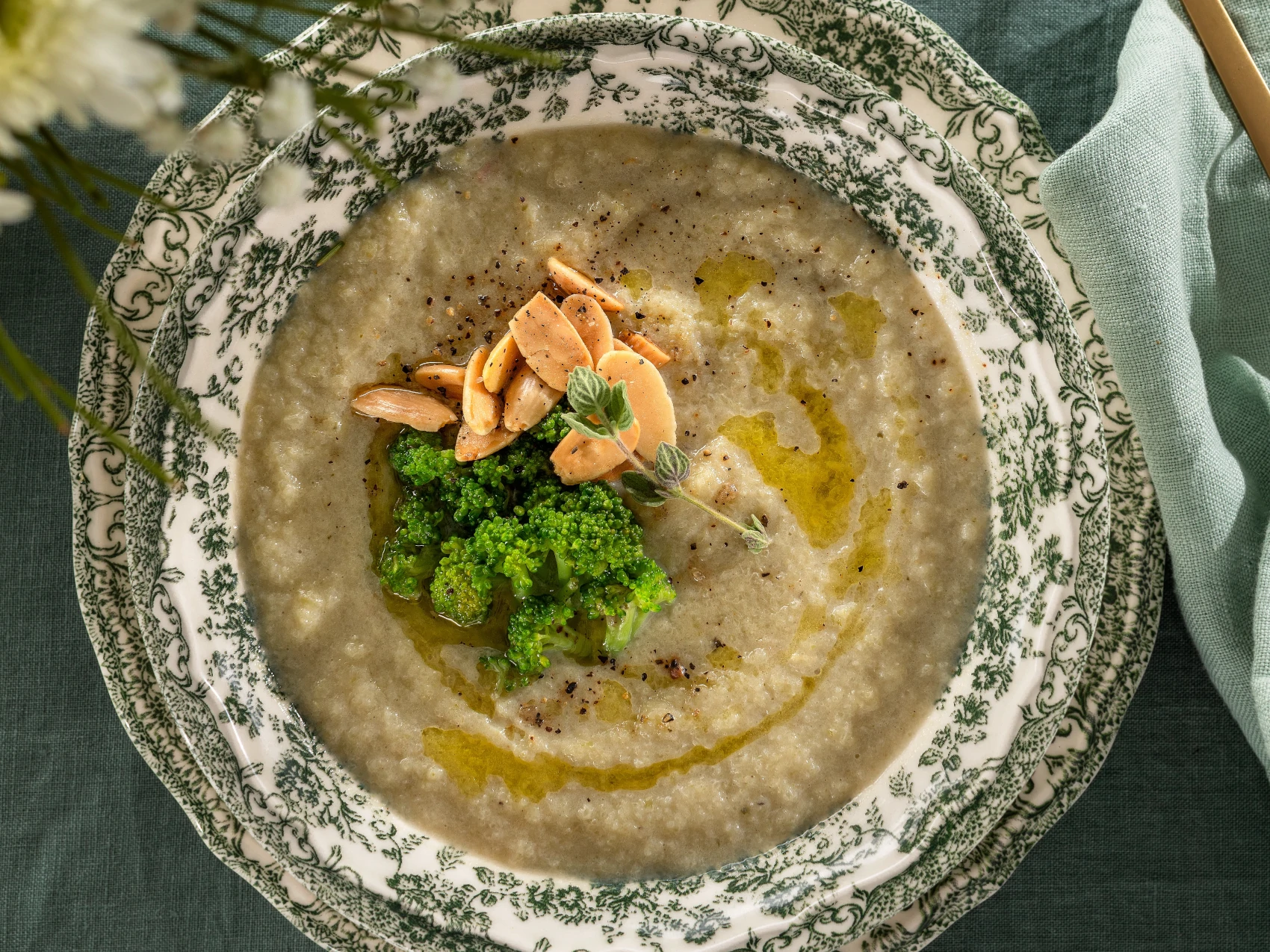 Broccoli and Jalapeño Soup with Pesto-Almond Crunch