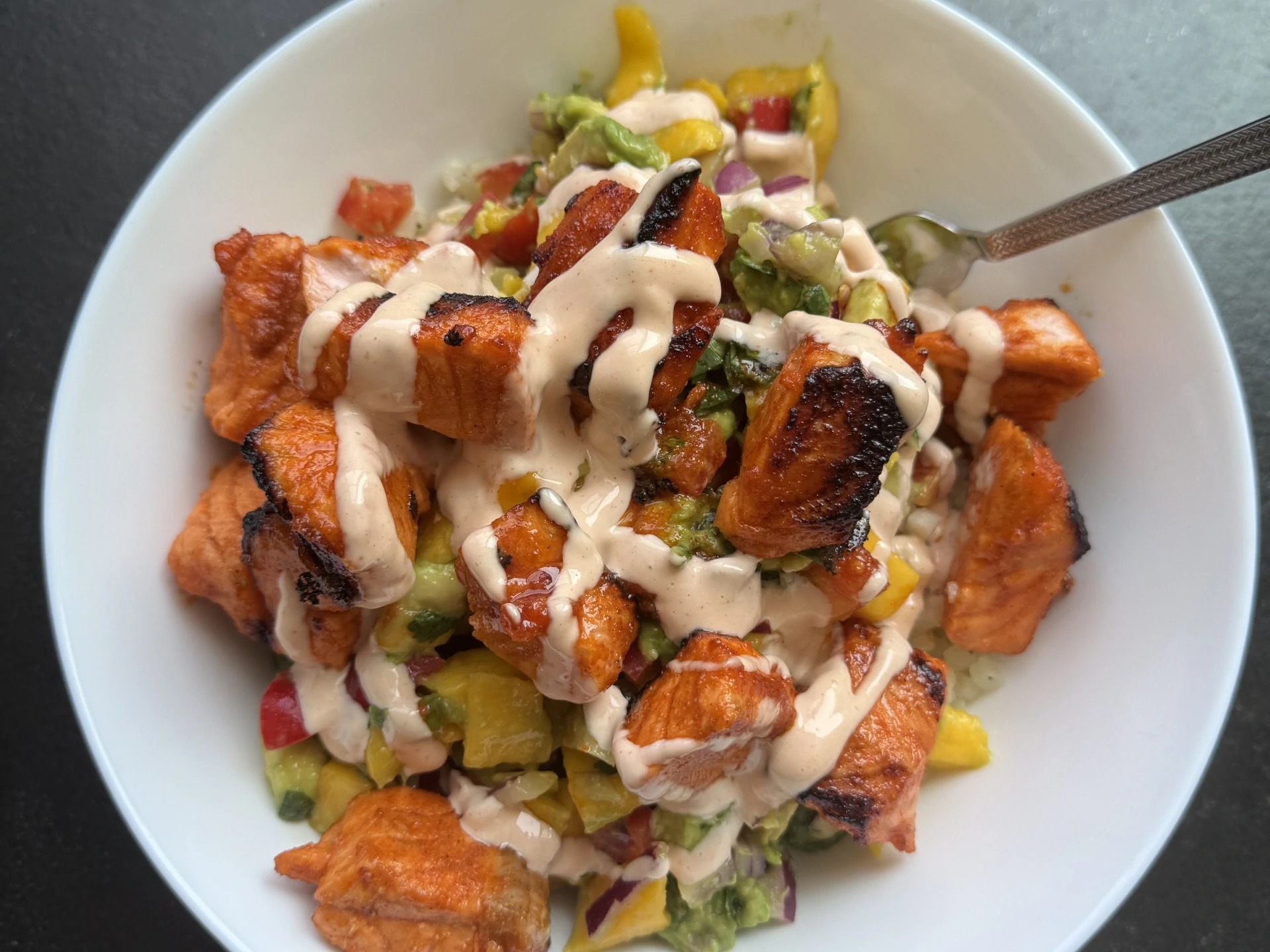 Salmon with Mango Salsa over Cauliflower Rice