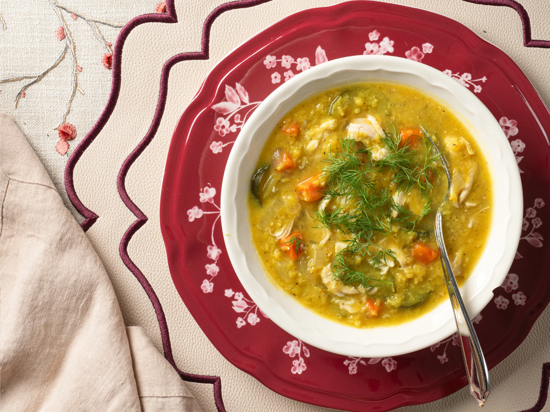 Shredded Chicken and Red Lentil Soup