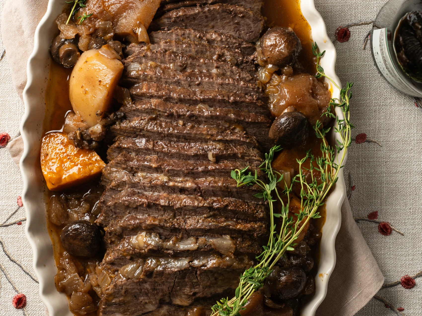 Braised Roast with Korean Yams, Cremini Mushrooms, and Queen Anne Apples