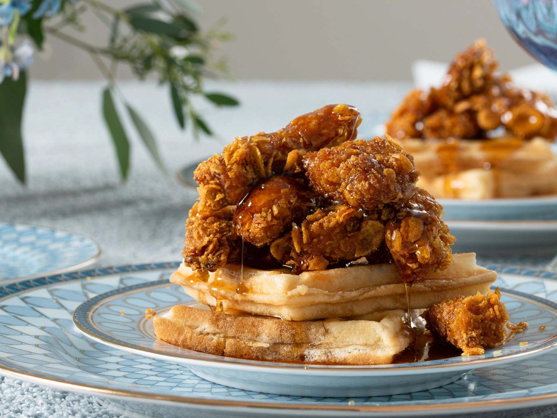 Chicken and Waffles with Hot Honey Maple Glaze