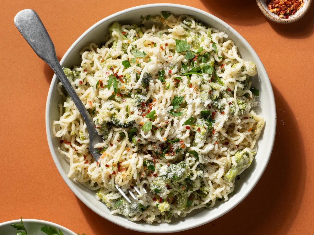 One-Pot Ramen Alfredo with Broccoli