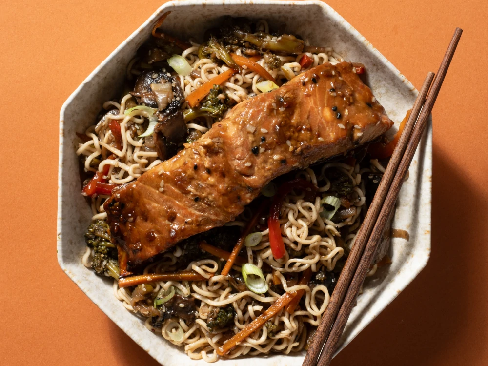 Asian Roasted Veggies and Ramen Noodles with Salmon