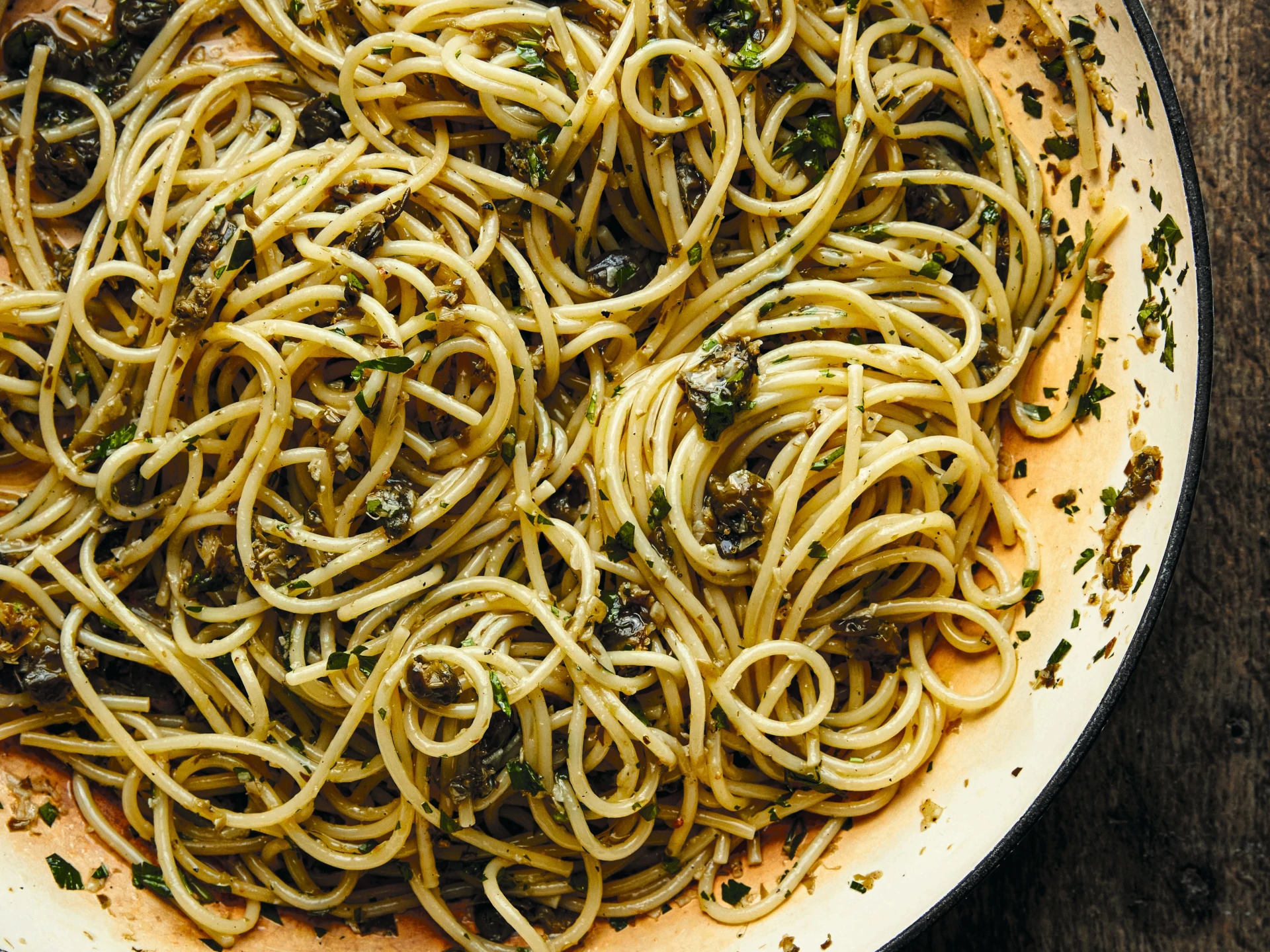 Spaghetti With Garlic, Capers, Black Pepper And Extra Virgin Olive Oil
