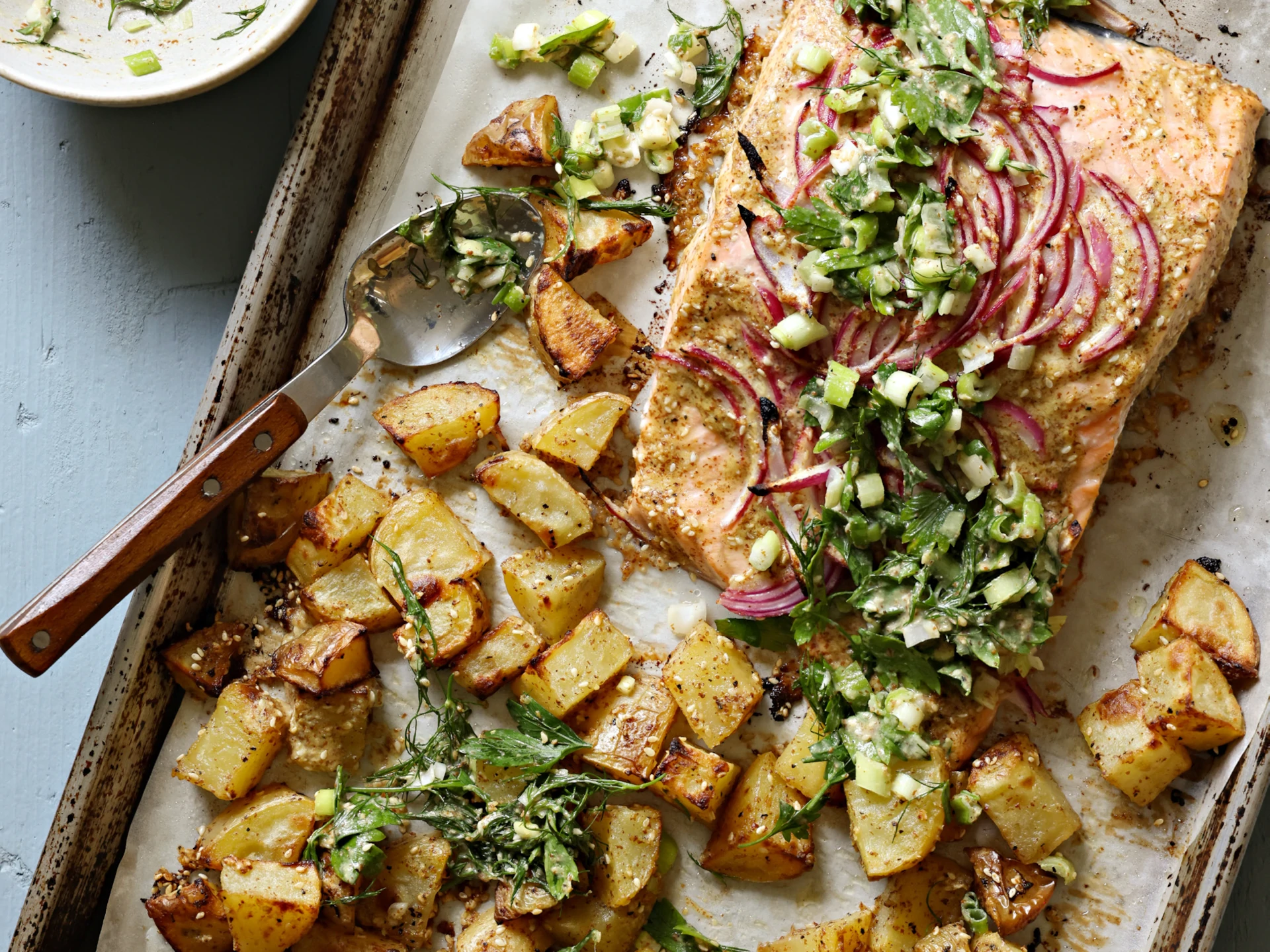 Herby Mustardy Salmon and Potatoes