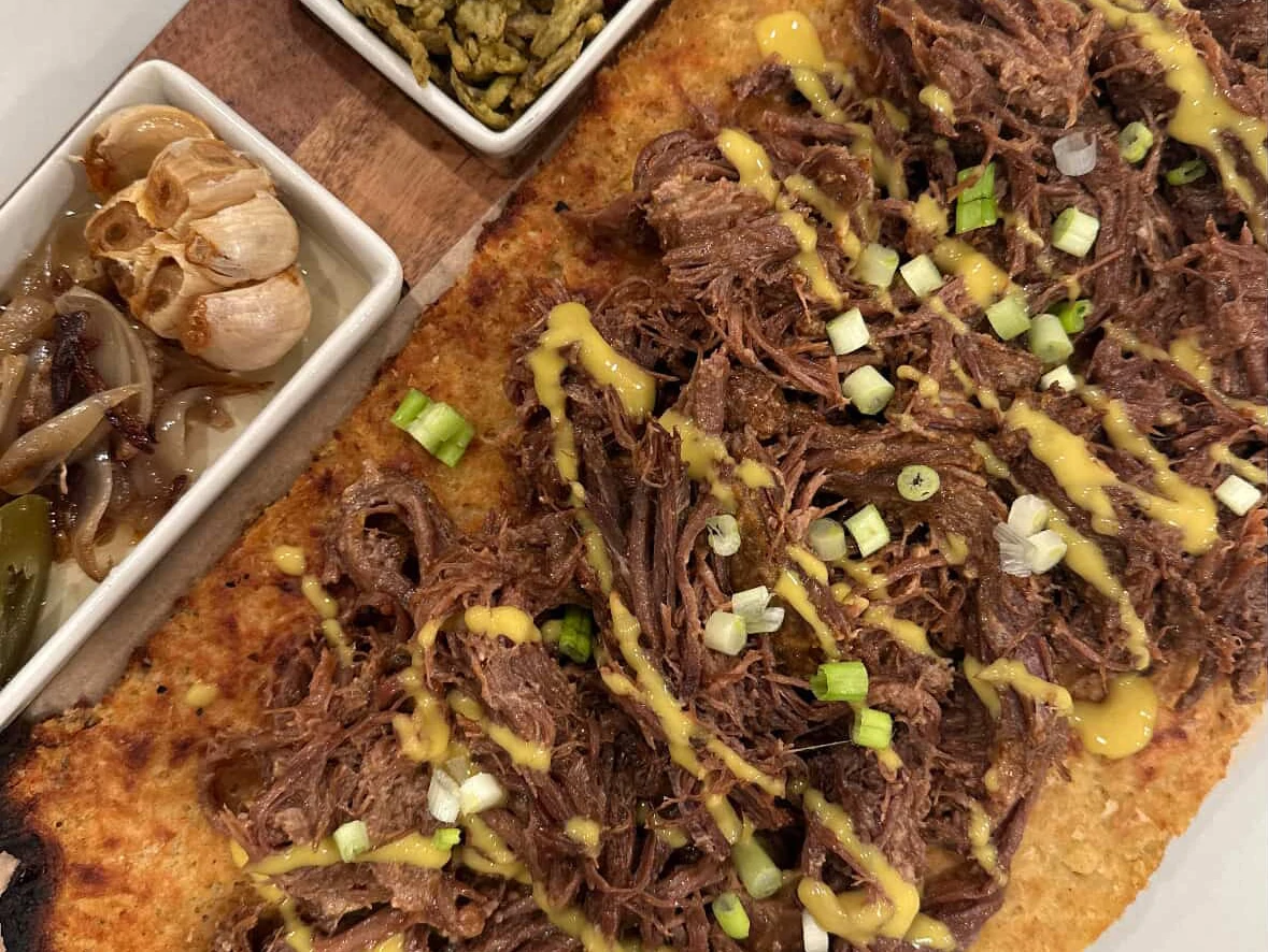 Sheet Pan Latke with Pulled Brisket